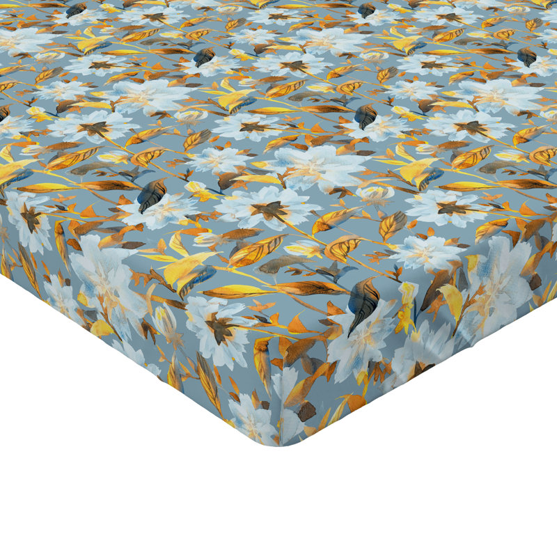 Ambesonne Nature Fitted Sheet Leaves Botanical Style Art, Marigold/Blue/Gray Floral, Queen Fitted Sheet