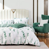 MILDLY 100% Long-Staple Cotton Duvet Cover Set,  Ultra Soft & Breathable Sateen Weave, Green Eucalyptus Leaves Plant Print, 3-Piece Bedding Set with Zipper Closure & Corner Ties
