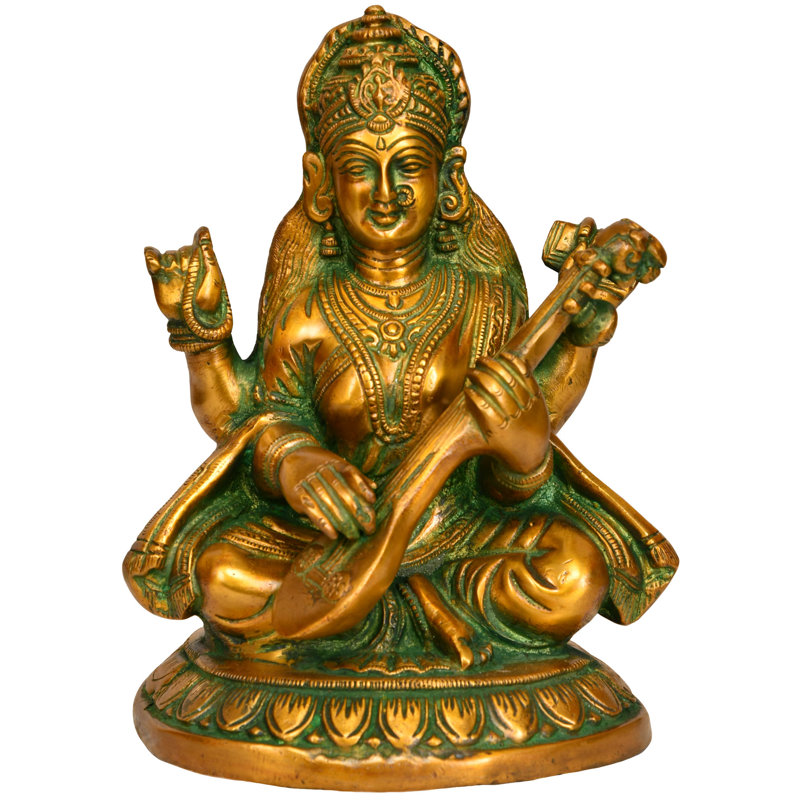 7" Goddess Saraswati Brass Sculpture - Handcrafted Indian Religious Statue Home Decor Spiritual Art Wisdom Symbol