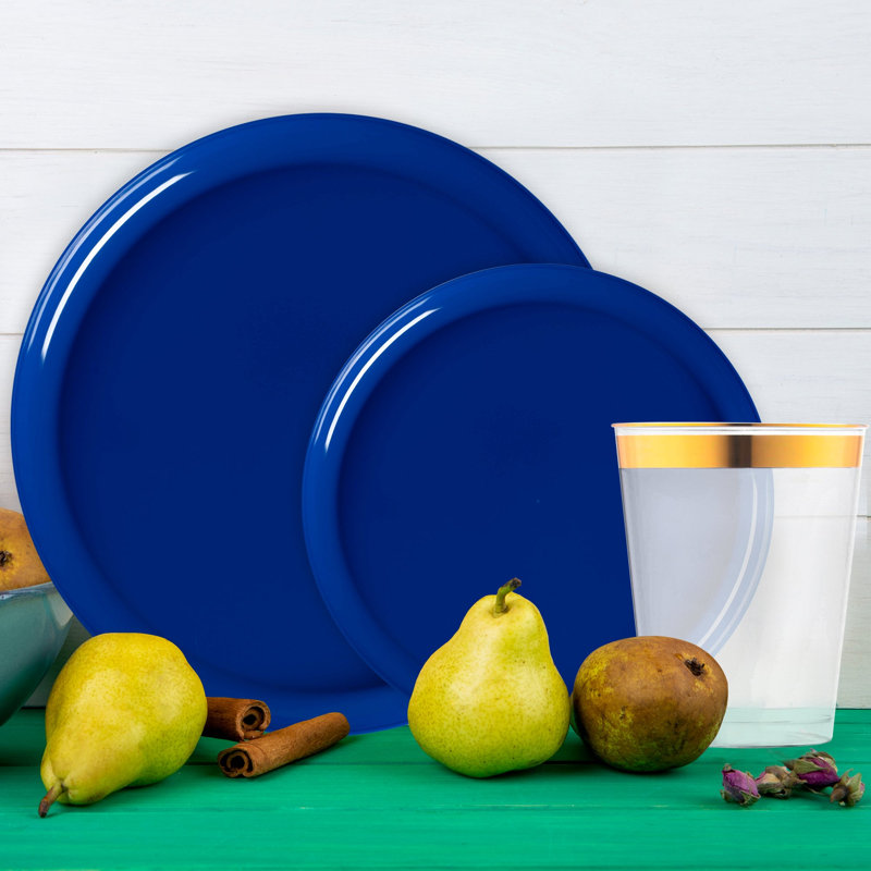 Ensemble de 60 couverts jetables en plastique plat, rond et bleu uni
