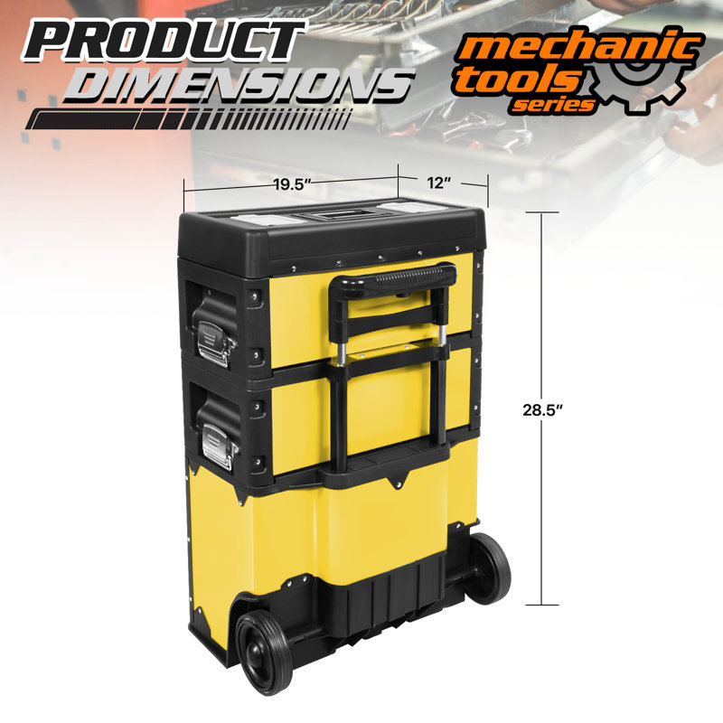 3-In-1 Stackable Tool Box With Wheels, Rolling Hand Case Tool Box Trolley Chest Cabinet With Drawer, Yellow