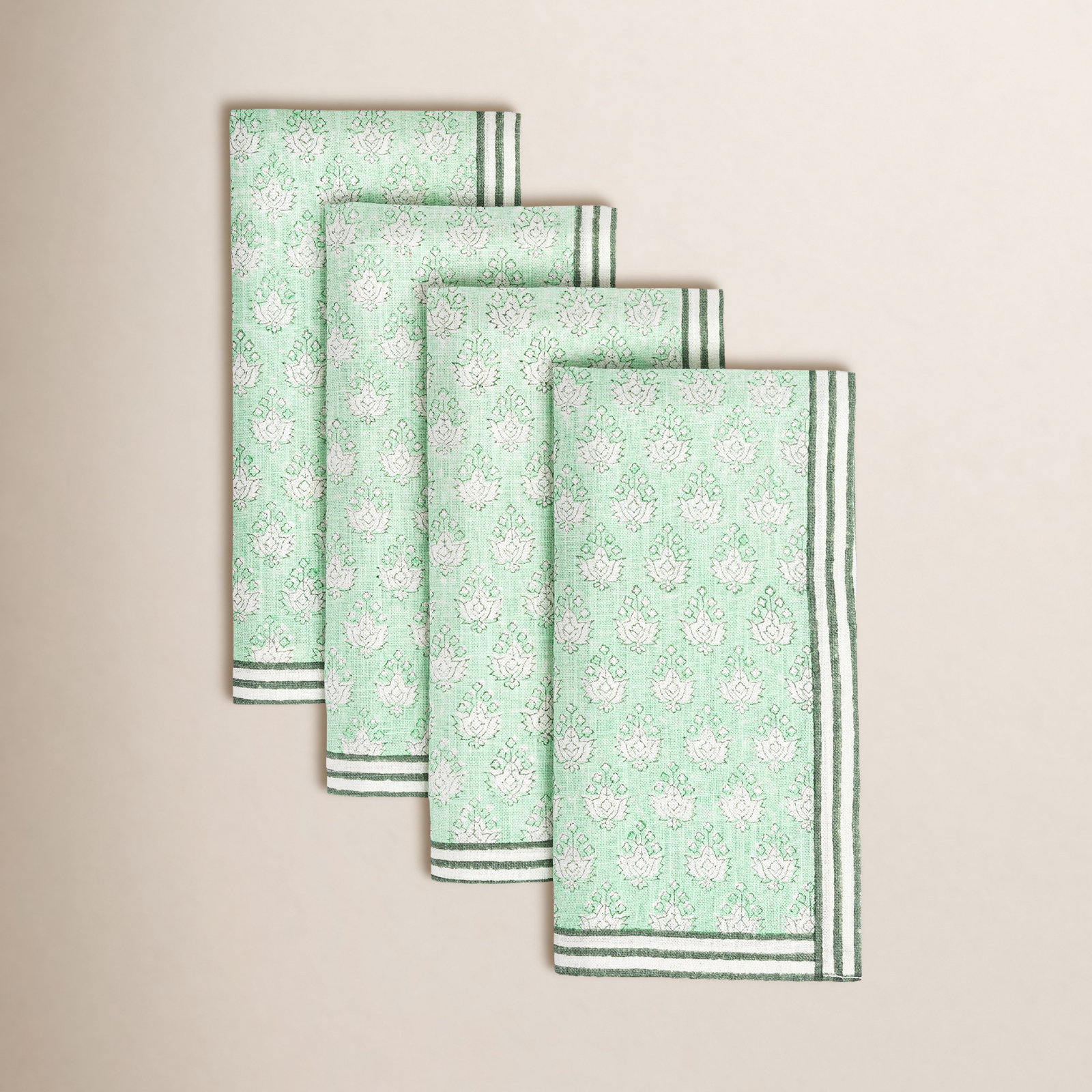 Hand-Blocked Cotton Napkin, Green Leaf