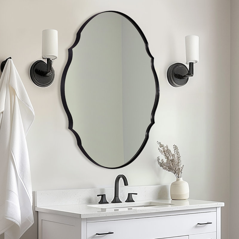 Miroir de salle de bain ovale contemporain Cadre en acier inoxydable, Noir mat, 30 po x 22 po