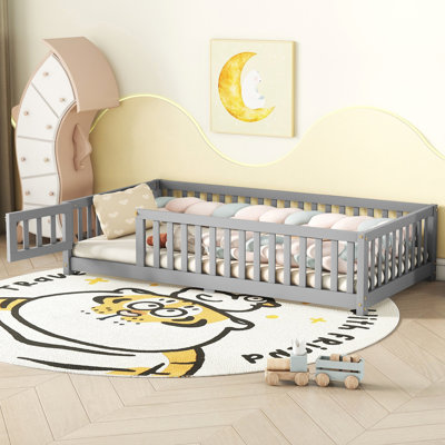 Kids Floor Bed with Safety Guardrails and Door, Low Profile Toddler & Children Bedroom Bed