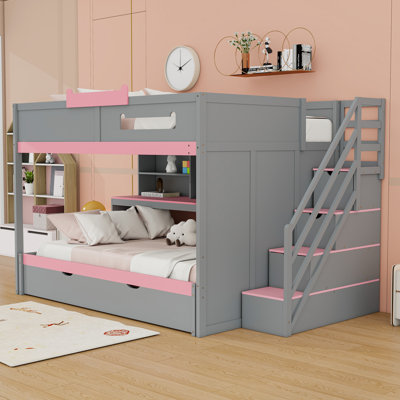 Full Over Full Bunk Bed with Staircase Storage Shelves and Adjustable LED Lighting