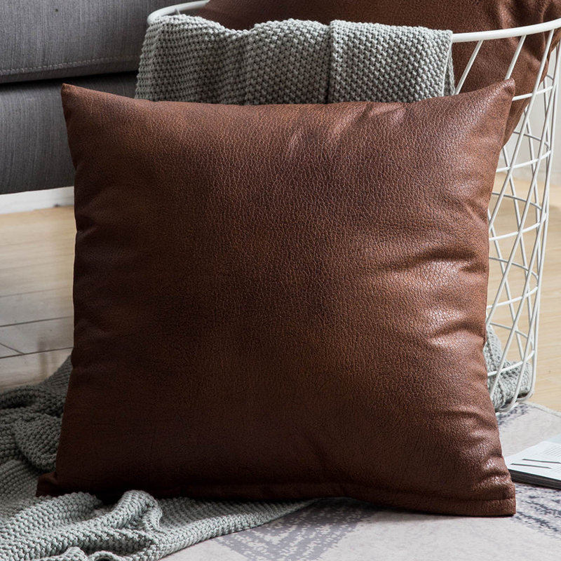 Coussin en similicuir, Brun, 18"H x 18"W, Pillow Cover Only - No Insert