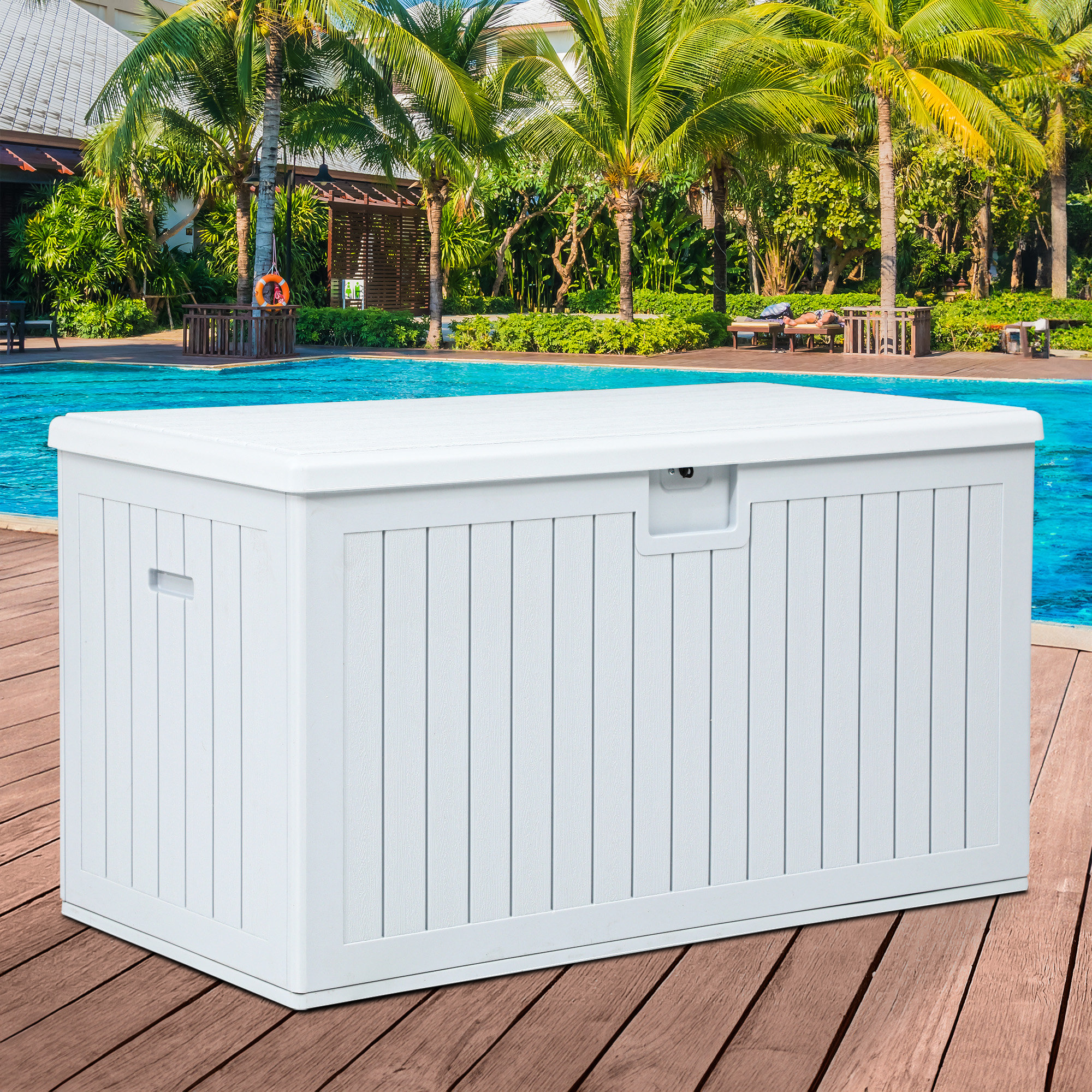 YITAHOME Yita 150 Gallon Water Resistant Resin Lockable Deck Box with Flexible Divider Color: Off-White FWDB0008343YIH