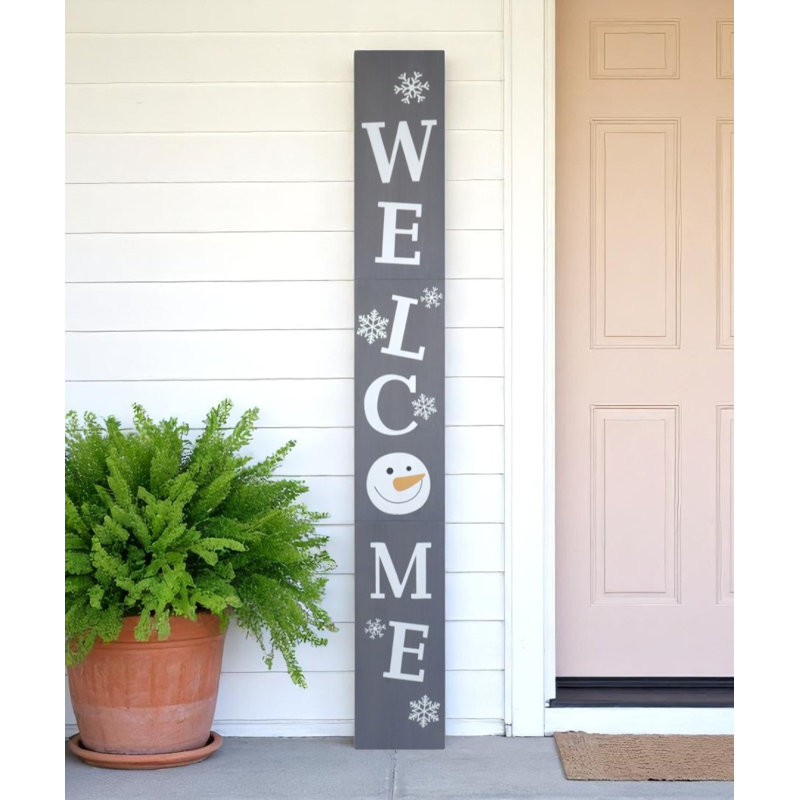 Enseigne de Noël 72 po en bois massif gris et blanc Welcome Christmas Snowman