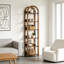 Bibliothèque arquée à 6 niveaux, conception sophistiquée pour les coins de lecture, s'adapte à différents étagères polyvalentes, grain de bois brun, unité de rangement mince, conception verticale compacte, économie d'espace