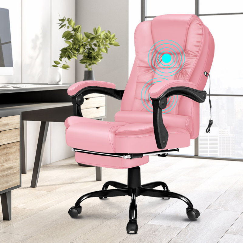 Massage Office Chair With Footrest Executive Gaming Seat PU Leather, Pink