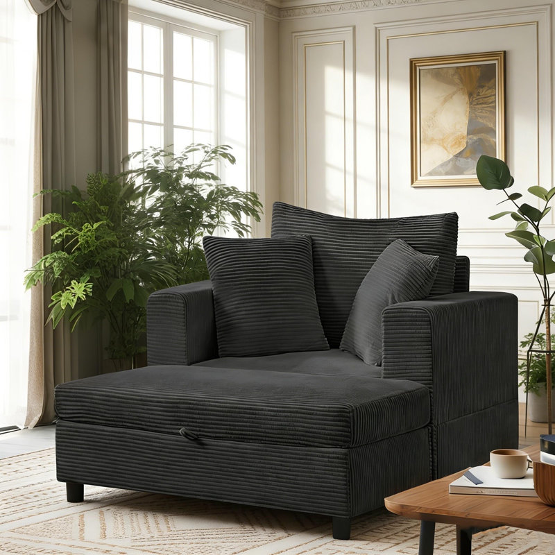 Méridienne rembourrée avec repose-pieds et coussins Corduroy, Gris