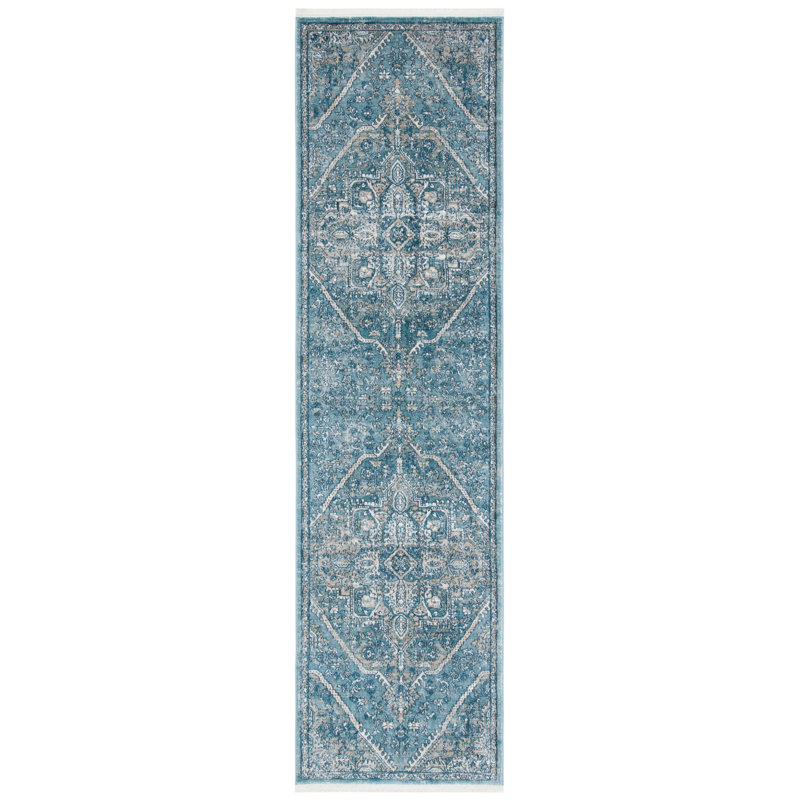 Tapis oriental bleu / gris Rumsey, Tapis de couloir 2 pi 2 po x 8 pi