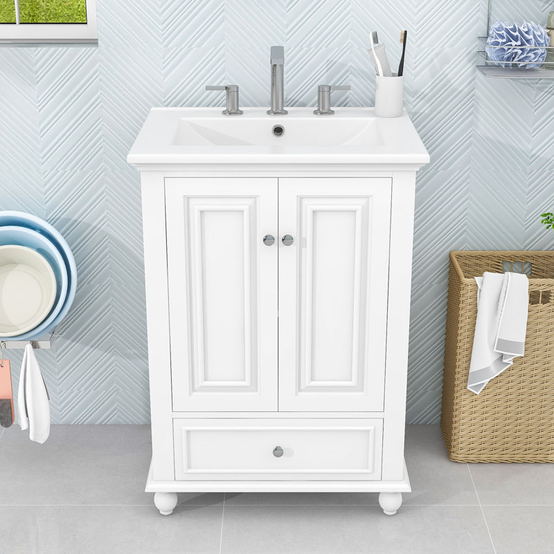 Meuble-lavabo autoportant moderne avec lavabo en céramique, portes à fermeture douce et tablette réglable, Blanc
