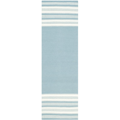 Tapis turquoise en laine / coton tissé à la main à plat à rayures Rodgers