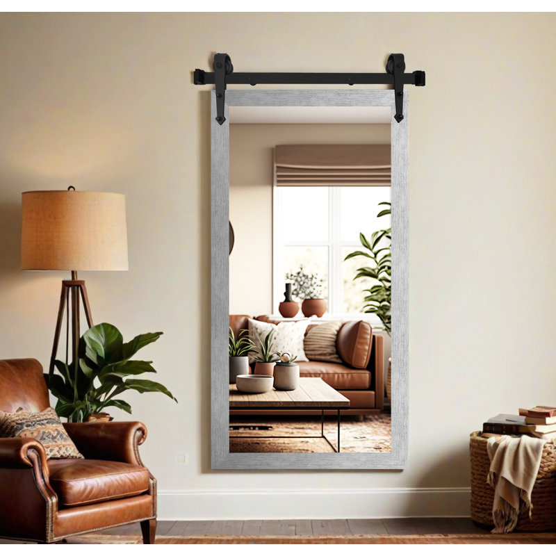 Miroir rustique moderne avec rail de porte de grange en acier, 62 x 33, Argent brossé