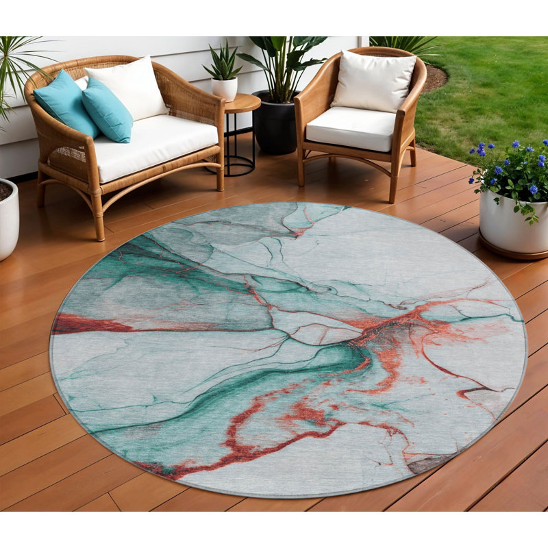 Tapis d'intérieur rond lavable abstrait bleu sarcelle et terre cuite Fabre 8 pi Fabre