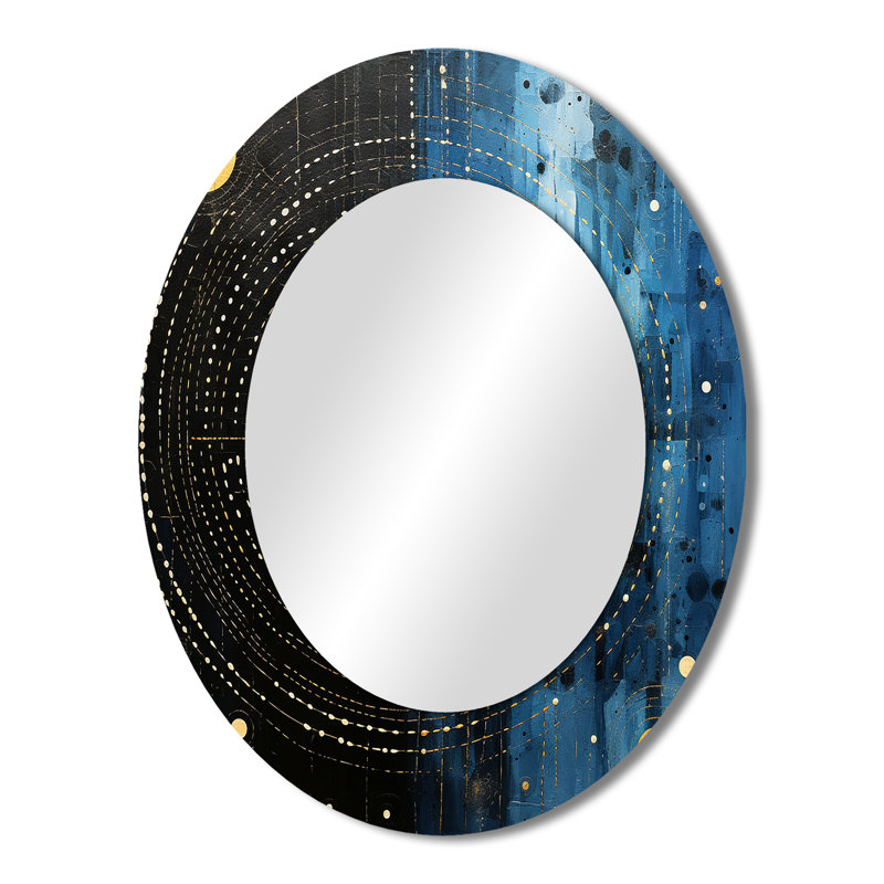 Miroir mural ovale bleu et noir abstrait minimaliste lignes bleues III, 43 po x 33 po
