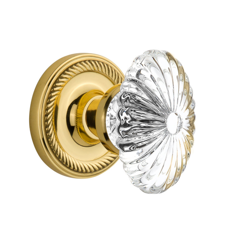 Rope Rosette with Oval Fluted Crystal Door Knob, Unlacquered Brass