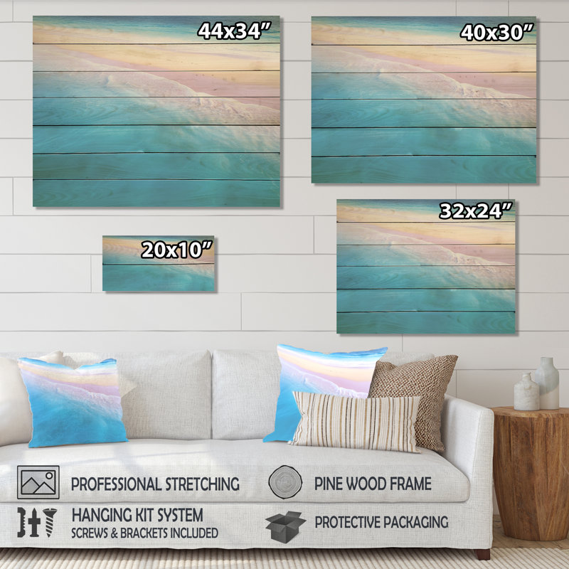 Tropical Beach, vue aérienne des vagues III - plage et océan sur bois, H 10 po x l 20 po x P 0,78 po