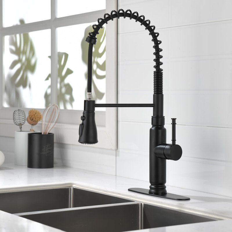 Robinet de cuisine rétractable à poignée simple avec accessoires, Noir mat