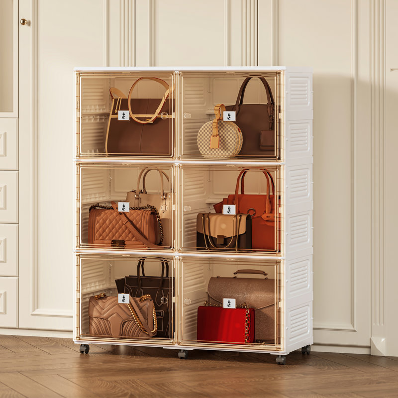 Freestanding Modular Handbag Storage Cabinet with Clear Display Doors and Rolling Base, Foldable Closet Organizer for Bags and Accessories – 6 Cubbies