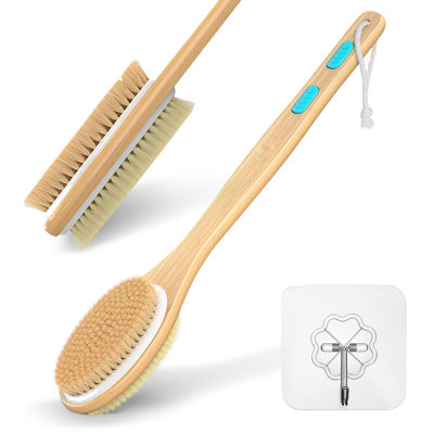 Brosse de douche double face Cheer Collection avec longue poignée en bois de lotus et poils doux et rigides