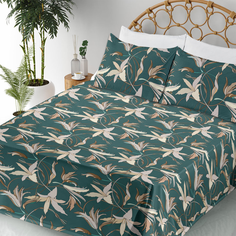 Ambesonne Watercolor Botany Sheet Set 4 Pcs Retro Boho Bloom, Queen Sheet Set with 2 Pillowcases