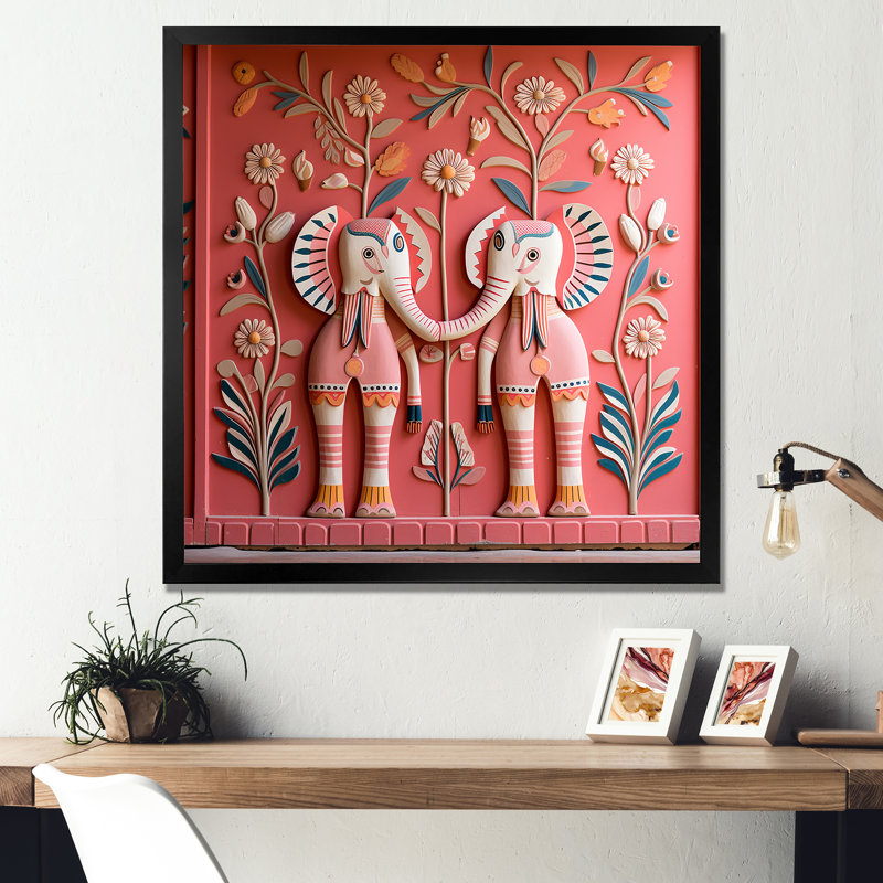 Art indien, éléphants de Jaipur 1 - Art mural indien, Cadre simple noir, H 16 po x l 16 po x P 1 po