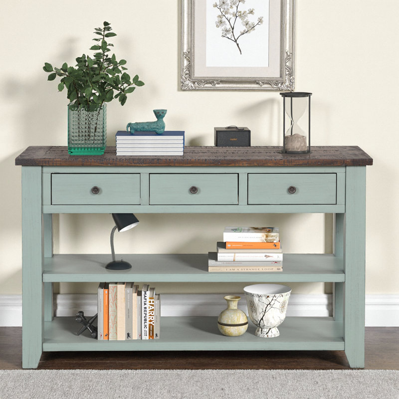 Console en bois de pin massif 48 po - table d'appoint moderne avec 3 tiroirs de rangement et 2 tablettes, design rétro brun pour le salon ou le couloir