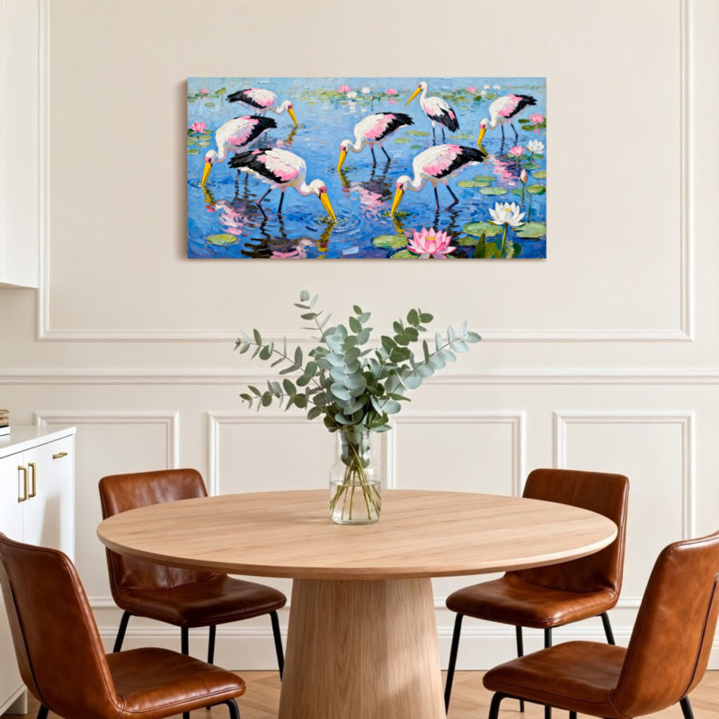 Animaux, oiseaux roses, nénuphars, reflets, ciel bleu, H 28 po x l 58 po