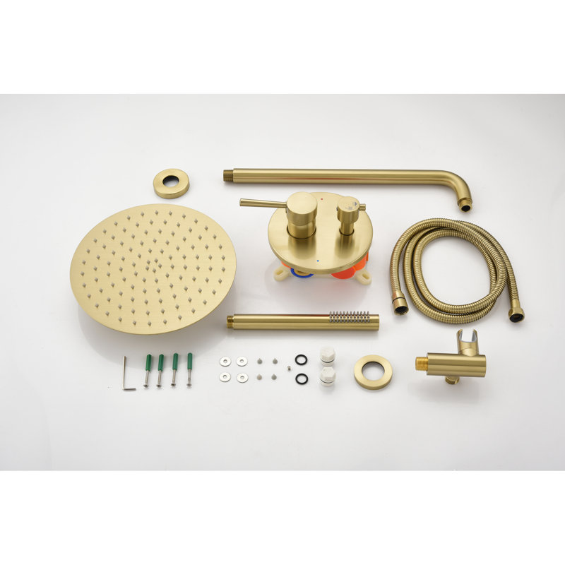 Système de douche en or brossé pour salle de bain, avec pomme de pluie en acier inoxydable de 10 po et système de fixation murale à main,