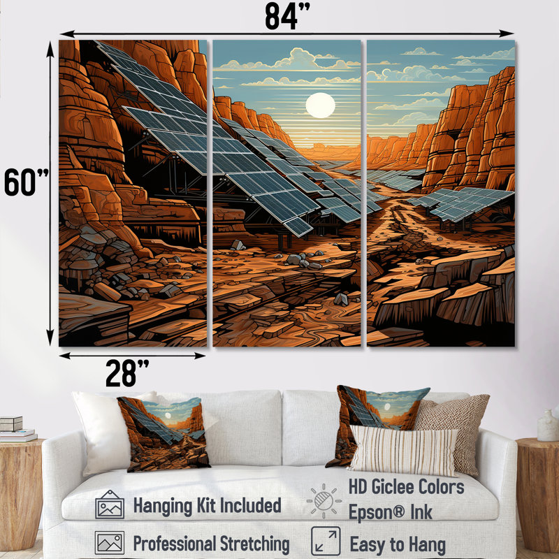 Orange Desert Solar Panels Field - Panneaux solaires, art mural, Toile tendue, H 32 po x l 48 po x P 1 po