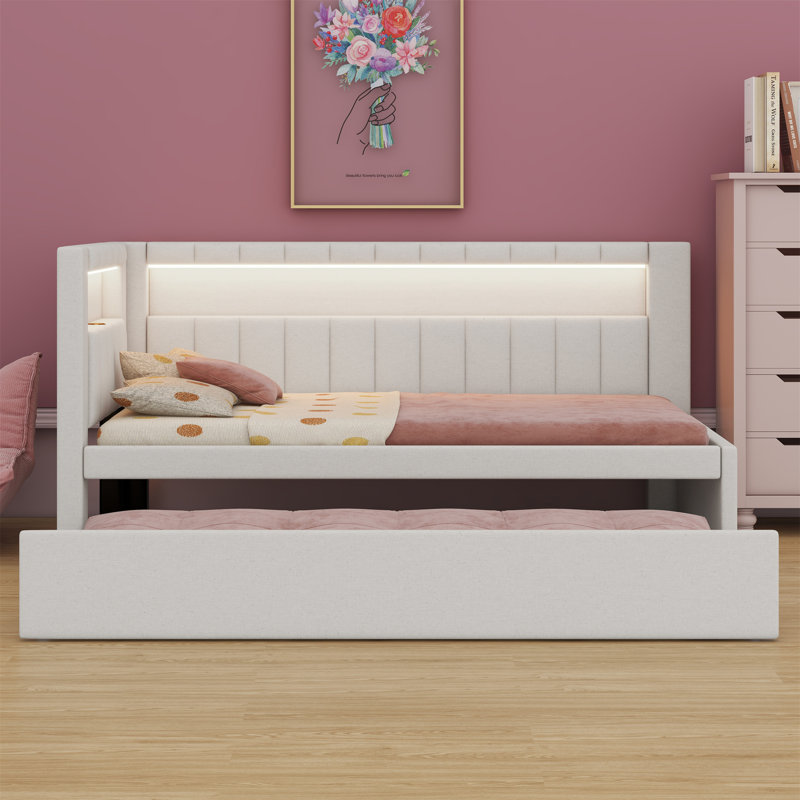 Lit plateforme tapissier avec ports USB et ceinture à DEL, avec lit gigogne, Blanc