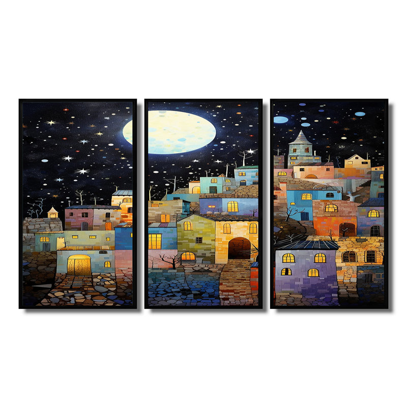 Pleine lune au-dessus de Pittoresque, ensemble d'art mural de ville, Cadre flottant noir, H 28 po x l 36 po x P 1 po