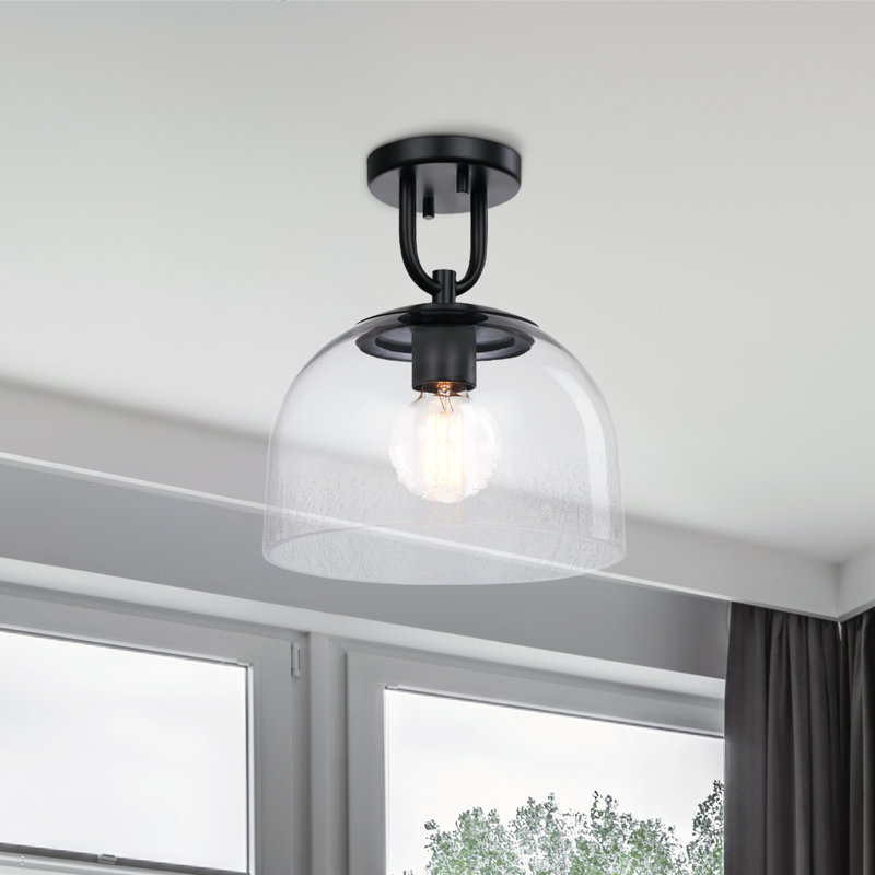 Babu 11.75 in. Matte Black Modern Semi-Flush Mount with Clear Ice Glass Shade for Hallways