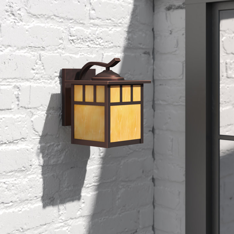 Avaline 12.5 in. H 1-Light Burnished Bronze Mission Outdoor Wall Sconce made of Durable Steel, Honey Opal Glass Shade, LED Compatible, Use for Exterior Porch Patio Front Door or Garage