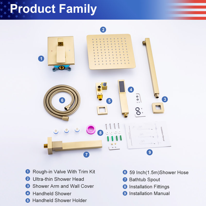 Complete Shower System with Rough in-Valve, Brushed Gold