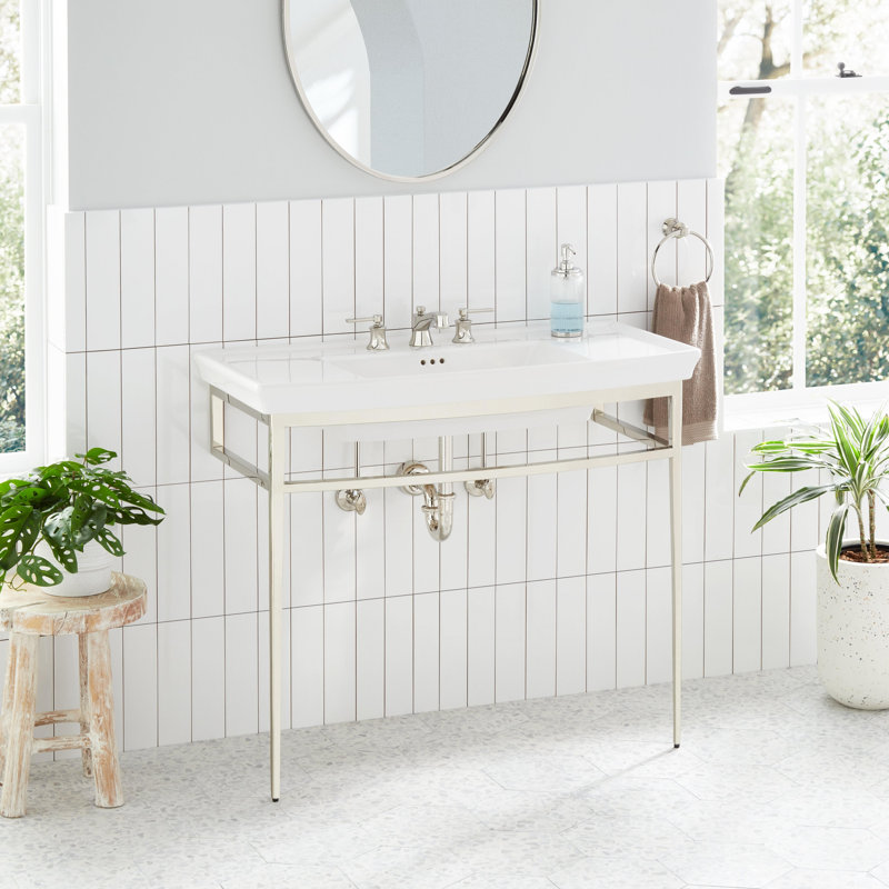 Olney 40" White Porcelain Console Bathroom Sink with Polished Nickel Stand