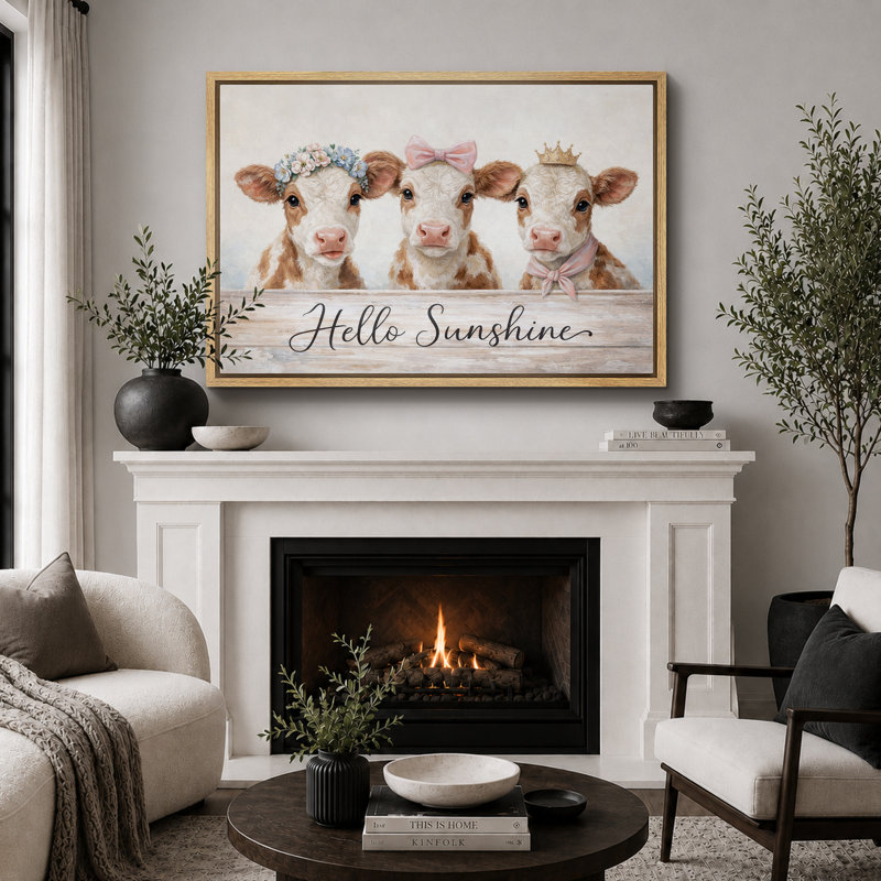 «Hello Sunshine Baby Calves», reproduction d'art sur toile encadrée, impression de giclée sur toile encadrée, Cadre naturel