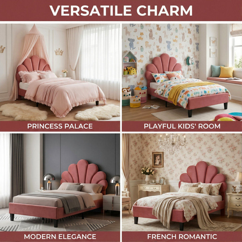 EU Single (90X200cm) Scalloped Shell Bed, Glam Upholstered Platform Frame, Burgundy & Beige Velvet, Red