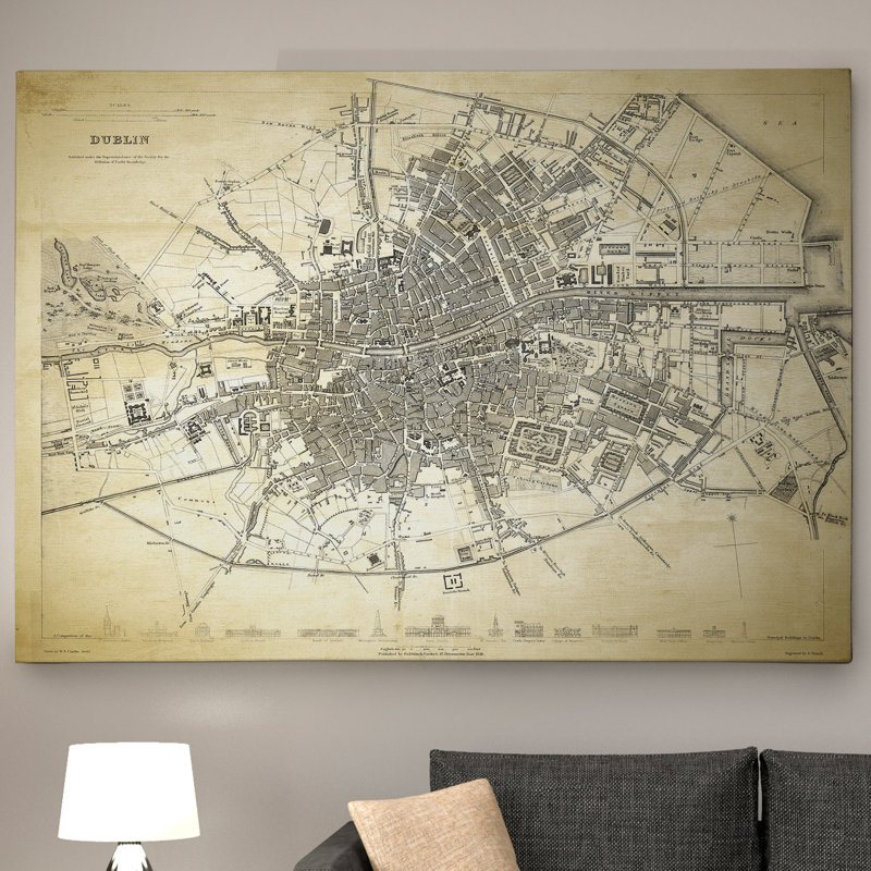 Dublin, croquis de carte - impression sur toile tendue, H 24 po x l 32 po x P 1,5 po