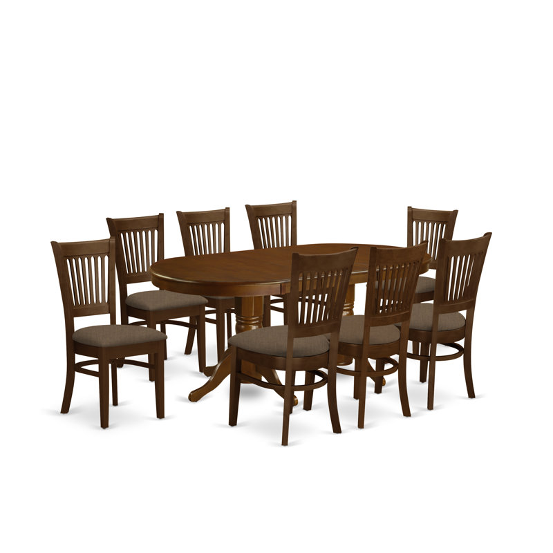 Ensemble de table de salle à manger 9 pièces moderne comprenant une table ovale en bois avec feuille papillon et 8 chaises de salle à manger en tissu de lin, espresso