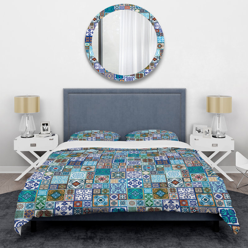 Ensemble de housse de couette à motif patchwork en céramique bleue, Housse de couette simple + 1 taie décorative stan