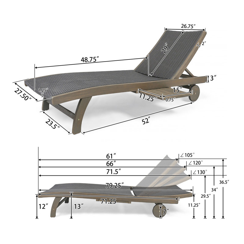Outdoor Solid Wood Frame Recliner Set of 2 with Pull Out Tray and Rollers, Gray