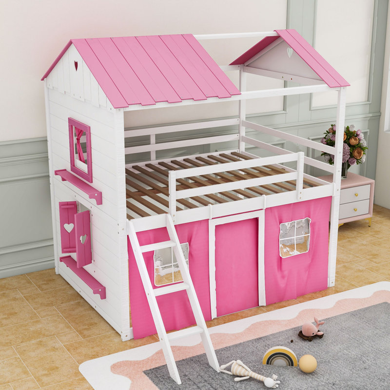 Sherick Wood Bunk Bed with Windows and Tent, Full Over Full, Pink