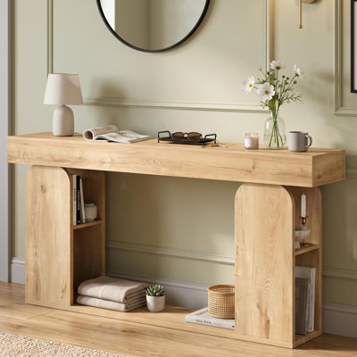 71" Console Table with Storage Shelf, Narrow Farmhouse Sofa Table Behind Couch for Hallway Living Room Foyer, Natural
