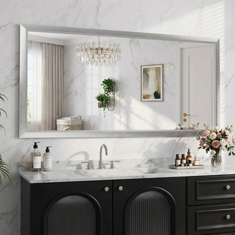 Lunara Belveled Edged Accent Rectangular Bathroom Wall Mirror with Tempered Glass & Rust-proof Aluminimn Framed, Silver