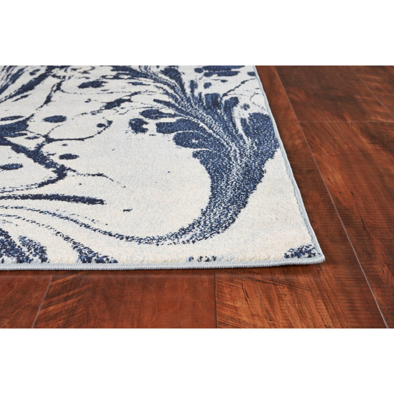Tapis bleu / ivoire tissé à la machine Catalena, Rectangle 6 pi 7 po x 9 pi 6 po