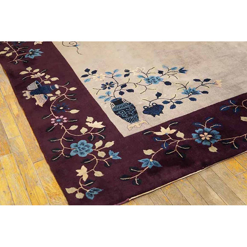 Rectangle 1920s Knotted Room Size Ivory Wool Chinese Antique - Art Deco Rug