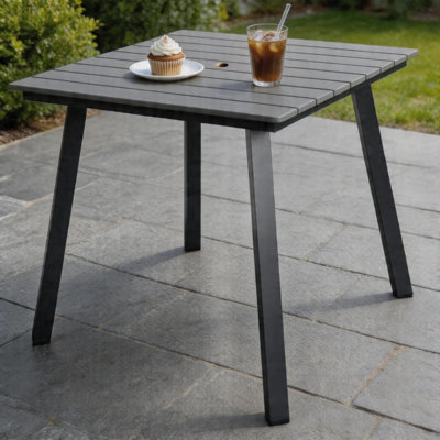 35 Inch Square Patio Dining Table With Umbrella Hole, Iron Frame Wpc Tabletop, All-weather